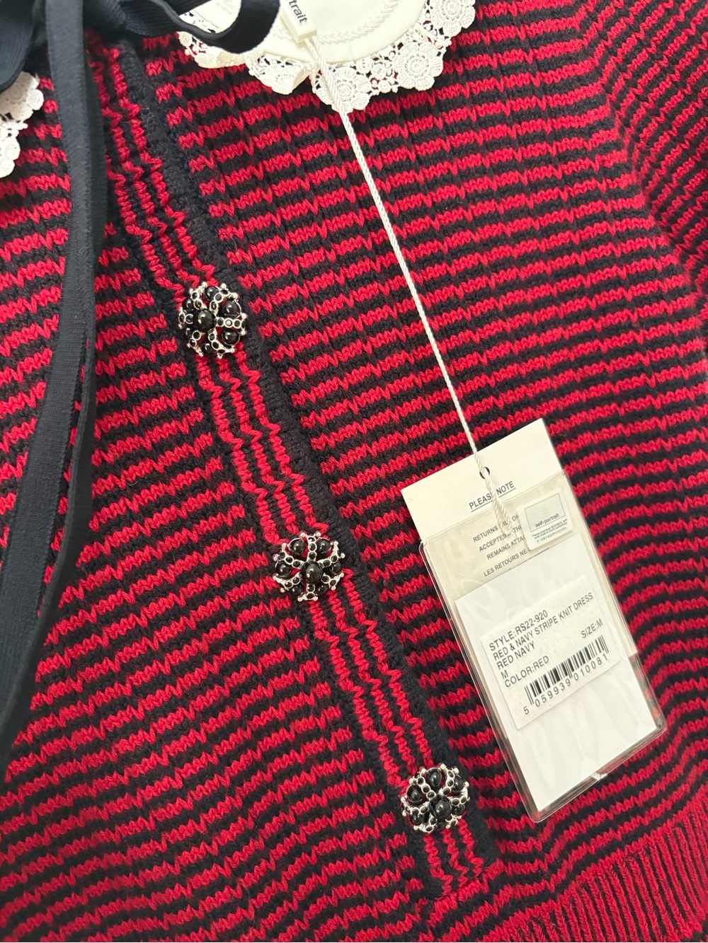 Self-Portrait Red and Black Knit Dress with White Lace Collar - Picture 5 of 8